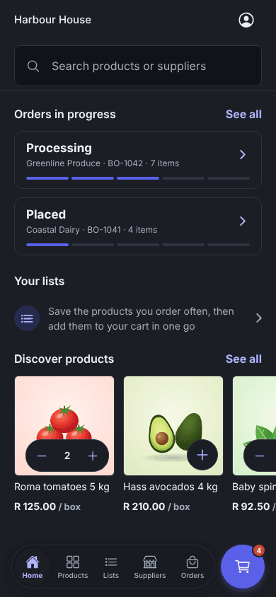 Enoki app Home with orders in progress and products with photos