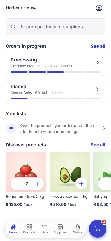 The Enoki app Home screen with orders in progress and products to reorder