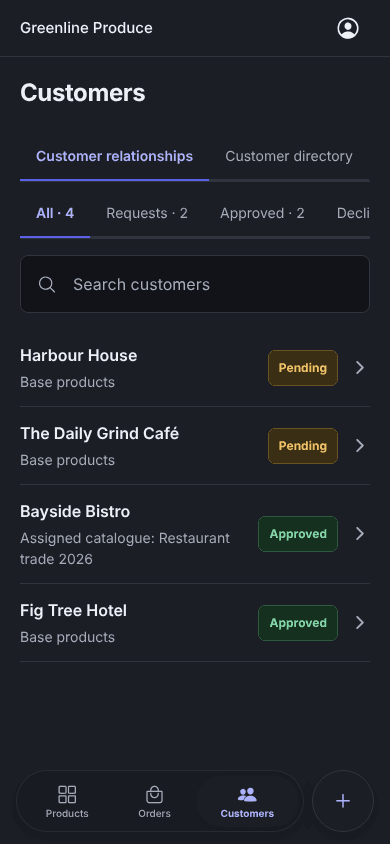 Enoki app customer list with pending and approved customers