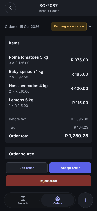 Enoki app sales order with lines, totals and Accept order