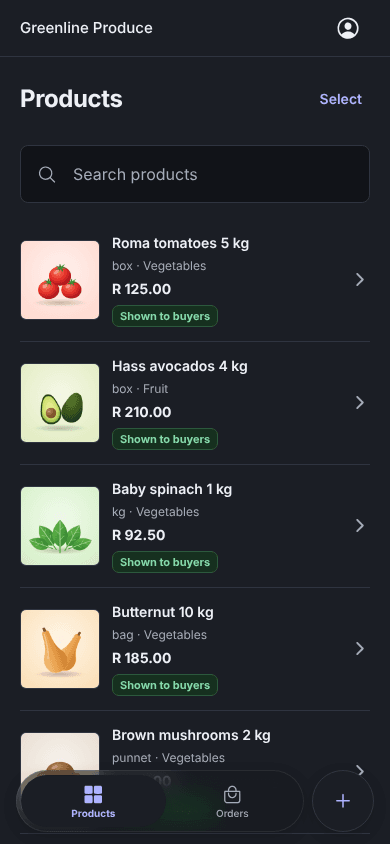 Enoki app supplier product list with photos and Shown to buyers